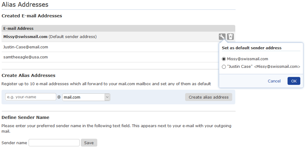 Screenshot showing how to set default sender address in mail.com account